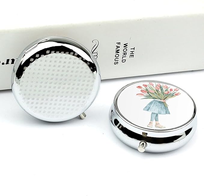 A Big Bouquet of Tulips Pill Box Travel Pill Case for Purse Pocket Weekly Medicine Organizer with Mirror 3 Compartment Round Medicine Case Portable PillcaseHolder for Daily