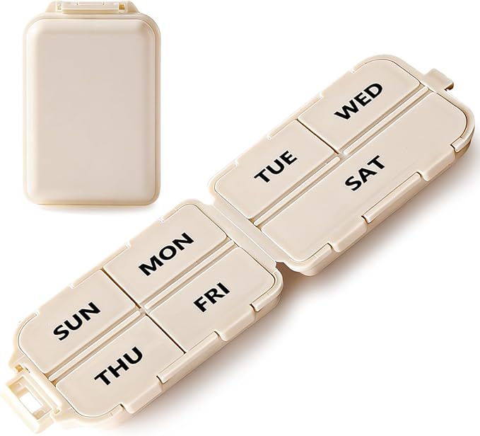 7 Day Compact Pill Organizer, Foldable Portable Travel Pill Box with Double Protection, Daily Small Pill Case Dispenser for Medication, Vitamins, Supplements (Khaki)