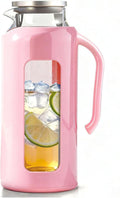 Delove Glass Pitcher with Lid & Shatterproof Shell – Heat-Resistant Borosilicate Glass Jug, 2 L/68 oz with Handle & Spout – Perfect for Iced Tea, Juice, Hot & Cold Waterr (Pink)
