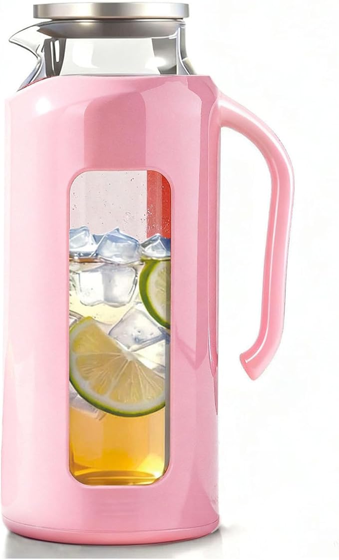 Delove Glass Pitcher with Lid & Shatterproof Shell – Heat-Resistant Borosilicate Glass Jug, 2 L/68 oz with Handle & Spout – Perfect for Iced Tea, Juice, Hot & Cold Waterr (Pink)