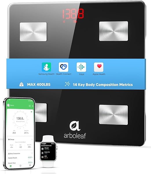 arboleaf Smart Scale for Body Weight and Fat, Bluetooth Digital Bathroom Scale, Body Composition Analyzer with App, 14 Metrics Include BMI, 400lb Capacity(Black)
