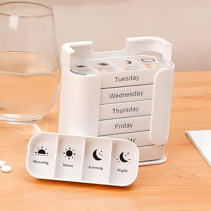 Stackable Daily Pill Organizer, Weekly Pill Organizer, 4 Times a Day Weekly Medication Reminder - Weekly AM/PM Pill Box with 7 Individual Stacking Cases (White)
