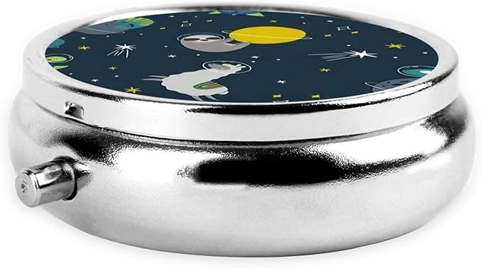 Metal Silver 3 Compartment Pill Box Pocket Portable Mini Travel Pill Case Small Round Decorative Medicine Box Vitamin Pill Organizer with Animal Planet
