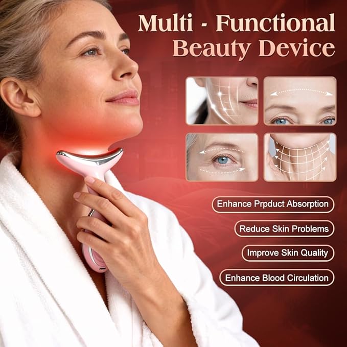 Face and Neck Massager Tool with Heat & 3 Light Therapies, Smart Vibration, Red-Light-Therapy and EMS Modes, Gua Sha Facial Tools for Face and Neck Skin Care and TMJ Relief (Pink)