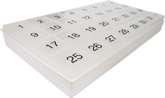 31 compartments, 1 per Day, 4 Week Monthly Pill Organizer by Promed. Includes Tray and 8 Removable compartments. (White)