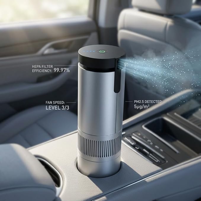 Vehicle-Mounted Car Air Purifier, Silver, Multi-Layer Filter Element, Compact Cup Holder Design