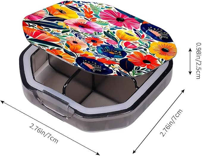 This Portable Bohemian Style Flower Pattern 4 Compartment Pill Box Can Be Placed in A Pocket Or Wallet to Store Vitamins, Medicines Health Supplements Other Medications.