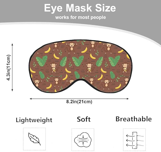 Cute Monkey Silk Sleep Mask, Adjustable Elastic Strap, Yellow, Animal Banana Palm Leaf Pattern, Soft Eye Shade Cover for Men Women Boy Girl Airplane Travel