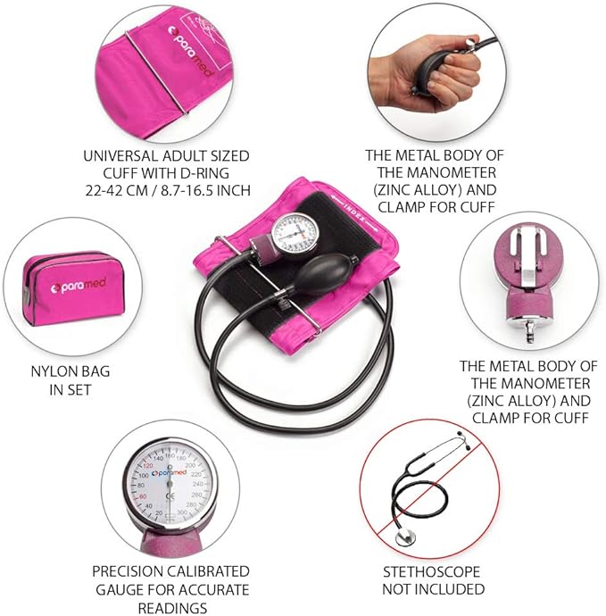 PARAMED Aneroid Sphygmomanometer – Manual Blood Pressure Cuff with Universal Cuff 8.7-16.5" and D-Ring – Carrying Case in the kit – Pink – Stethoscope Not Included