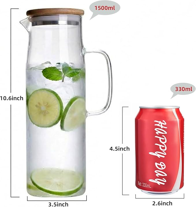hjn Glass Pitcher with Lid Glass Water Carafe with Handle, Fridge Water Jug Cold or Hot Beverages, Iced Tea, Milk, Juice 1500ml/51oz & bamboo lid