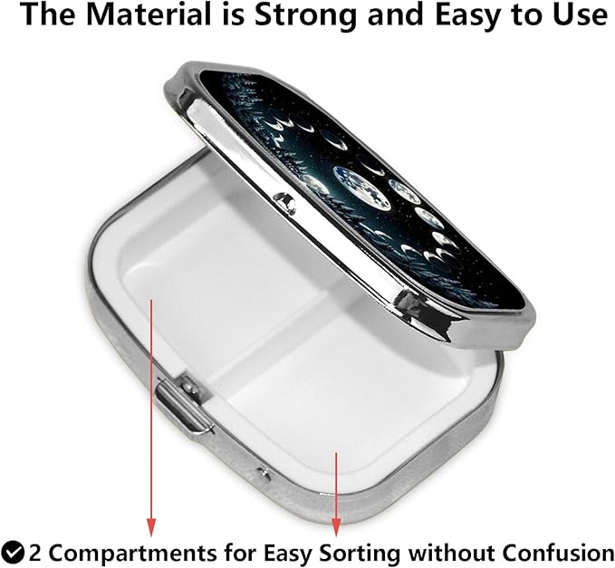 ABLESKY Pill Box, 2 Compartment Pill Organizer Case for Pocket or Purse, Small Portable Metal Travel Medicine Box with Mirror, Daily Vitamins Fish Oil Container-Black Moon Forest Phase