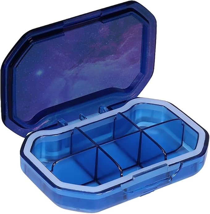 This Portable Purple Nebula Starry Sky Pattern 6-Compartment Pillbox Can Be Placed in A Pocket Or Wallet to Store Vitamins, Medicines Fish Oil Health Supplements Other Medications.