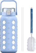 MUKOKO Half Gallon/64 oz Glass Water Bottles with Straw and Lid,Motivational Water Jug with Time Marker Reminder and Silicone Sleeve,100% Leakproof BPA Free Fitness Sports Large Bottle-Light Blue