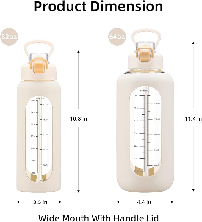32 oz Glass Water Bolttles with Straw Large Motivational Water Bottle with Time Marker Sports Water Bottles with Silicone Sleeve and Handle Lid Water Jug for Gym Workout