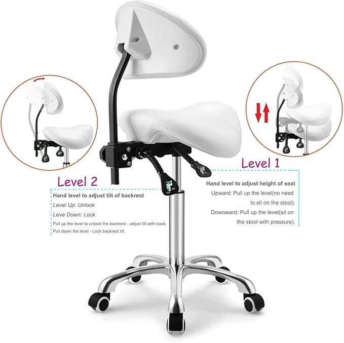 Kaleurrier Saddle Stool Rolling Swivel Height Adjustable with Wheels,Heavy Duty Anti-Fatigue Ergonomic Saddle Chair for Hair Beauty Salon Lab Dental Massage Office Home Kitchen (with Back, White)