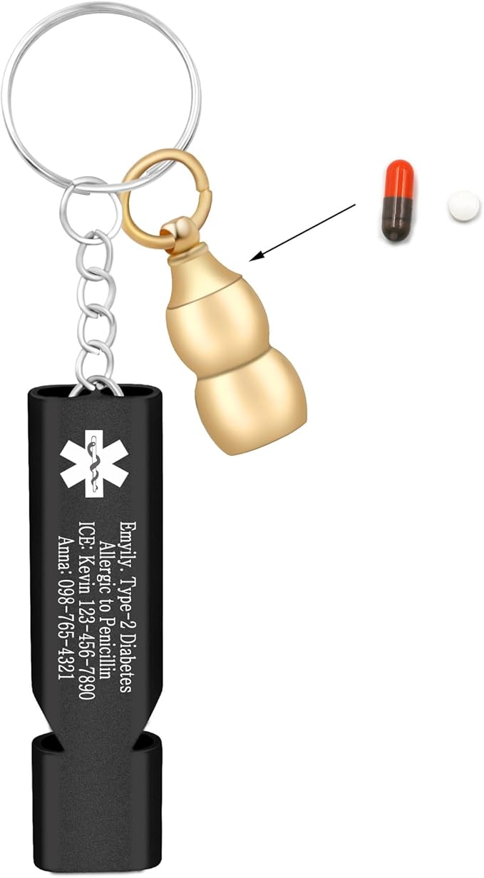 Medical Keychain with Gourd Pill Case – High Pitch Dual Tube Survival Whistle YA6000
