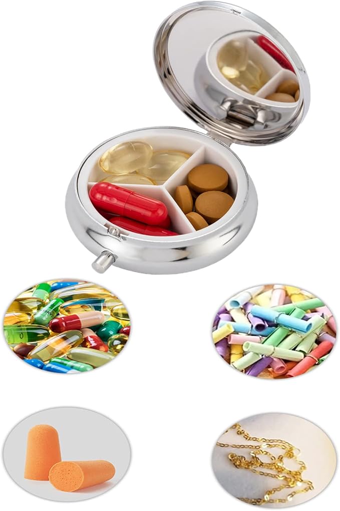 Bling Pill Box, 3 Compartment Medicine Pill Case Holder, Bling Crystal Rhinestones Waterproof Pocket Pill Case ound Medicine Organizer for Vitamin/Fish Oils/Supplement. (Silver)