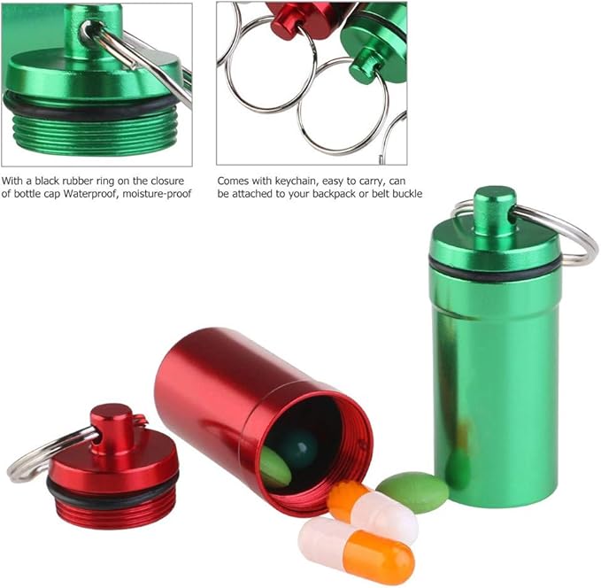 Ulalaza Waterproof Aluminum Pill Holder with Keychain Outdoor Medicine Bottle Seal First Aid Drug Holder
