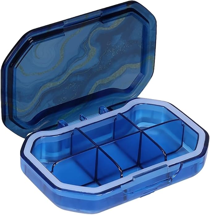 This Portable Watercolor Gold and Blue Marble Pattern 6-Compartment Pillbox Can Be Placed in A Pocket Or Wallet to Store Vitamins, Medicines Fish Oil Health Supplements Other Medications.