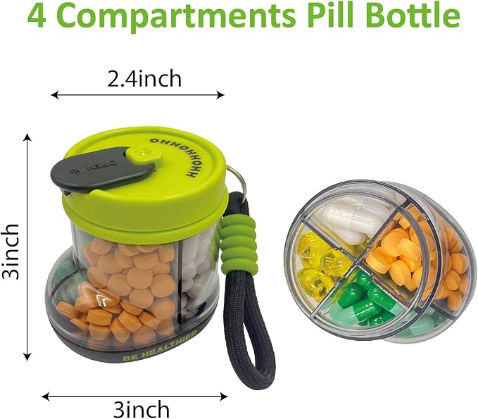 Cute Pill Dispenser，Portable Pill Bottle Organizer with 4 Compartments，Travel Pill Organizer with Anti-Mixing & Wide Openings Design(Green)