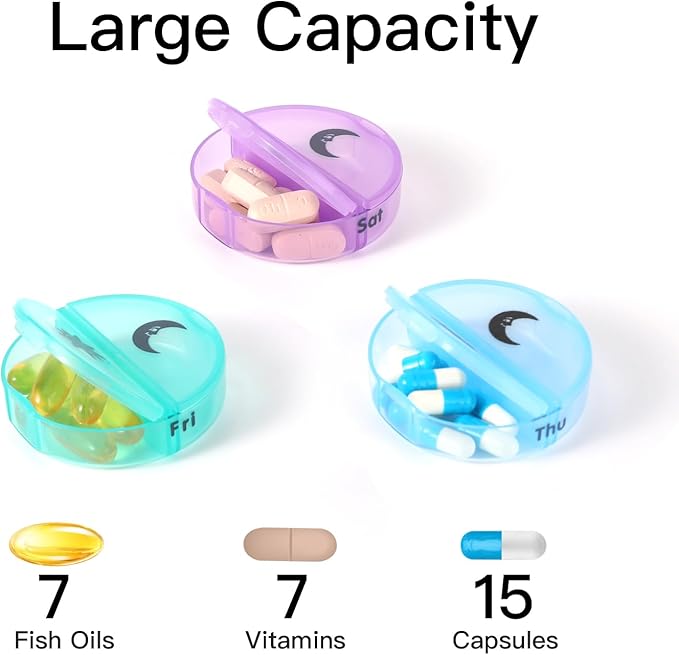 Weekly Pill Organizer 2 Times a Day, Travel Pill Box 7 Day, AM PM Twice a Day Pill Case, Portable Daily Vitamin Organizers for Medication, Vitamins, Fish Oil, Supplements (Multi-Color)