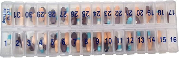 AM PM 31 Day Once-a Day Monthly Pill Planner Organizers - Large Compartment Pill Boxes Store Medications for Entire Month Plus Compartment for Extra Pills (AM/PM Clear & Blue) BPA Free