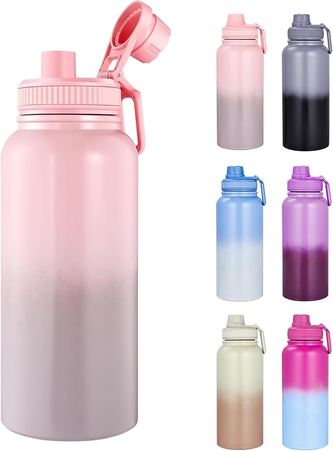 Water Bottle 32oz - Leakproof & BPA Free Sports Water Bottle Carry Strap for Gym, Travel and Outdoor Sports (Stainless steel insulation-Pink)