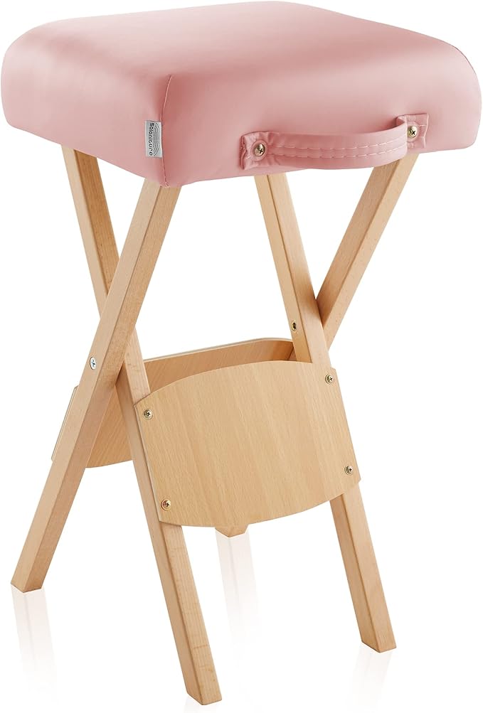 Saloniture Wood Folding Massage Stool with Carrying Case, Pink