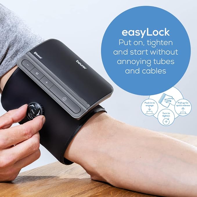 Beurer BM81 easyLock Automatic Upper Arm Blood Pressure Monitor, Smart Cuff Without Cables for Fast Measurement, Data Transfer to Apple Health and co, Bluetooth, 240 Memory Sets