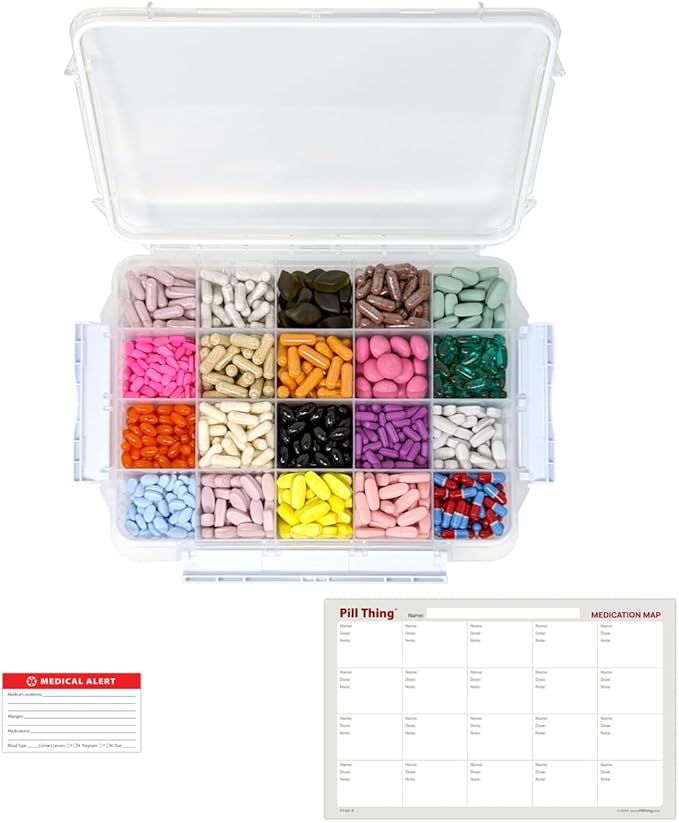 20 Compartment Large Pill Case with Airtight Seal - Silicone Gasket Waterproof Med Box with Medication Map (Clear, 1 Pack)