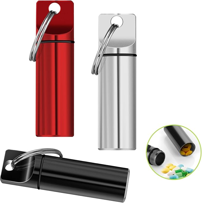3-in-1 Aluminium Mini Pill Box Travel Case - 3 Compartments Waterproof Pill Organizer Keychain for Emergency Medication
