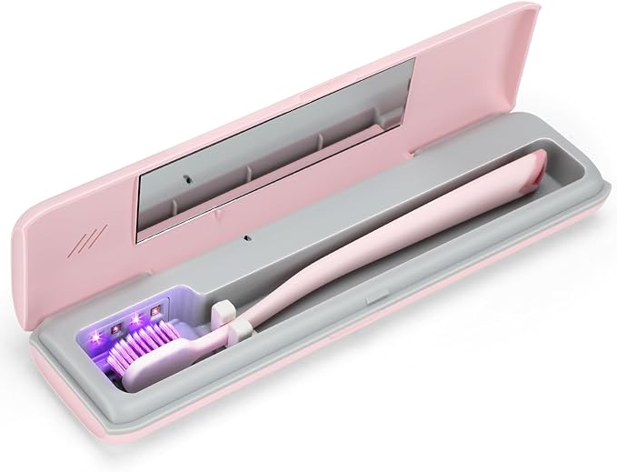 YourMate Toothbrush Sanitizer Case Travel Toothbrush Covers Case for Houshold and Traveling Power by AA Battery or USB-C Pink