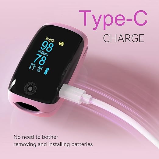 Rechargeable Pulse Oximeter with Respiration, Pink OLED Display Fingertip Oxygen Monitor, Track SpO2 Pulse Rate PI and RR, Fast Accurate Reading Lanyard Included for Home and Outdoor Sports