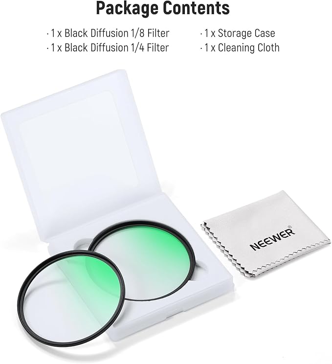 NEEWER 77mm 1/4 & 1/8 Black Diffusion Camera Lens Filter 2 Pack Set, Dreamy Cinematic Effect Filter Multicoated Glass Storage Case Cleaning Cloth, for Portrait Photography Video