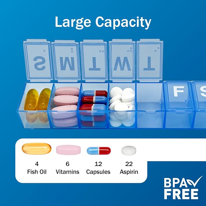 Amazon Basic Care Weekly Pill Organizer, 7-Day, Medium Compartments, Medicine Box, Blue (Pack of 2)
