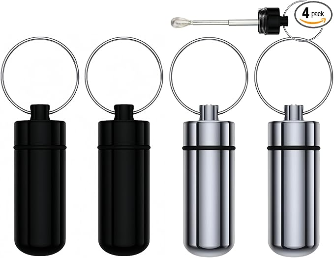 Premium Aluminum Alloy Pill Box Keychain Pill Holder Keychain Ring (Black Silver) (4 Pack)