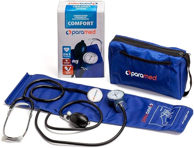 PARAMED Aneroid Sphygmomanometer with Stethoscope – Manual Blood Pressure Cuff with Universal Cuff 8.7-16.5" and D-Ring – Carrying Case in The kit – Blue