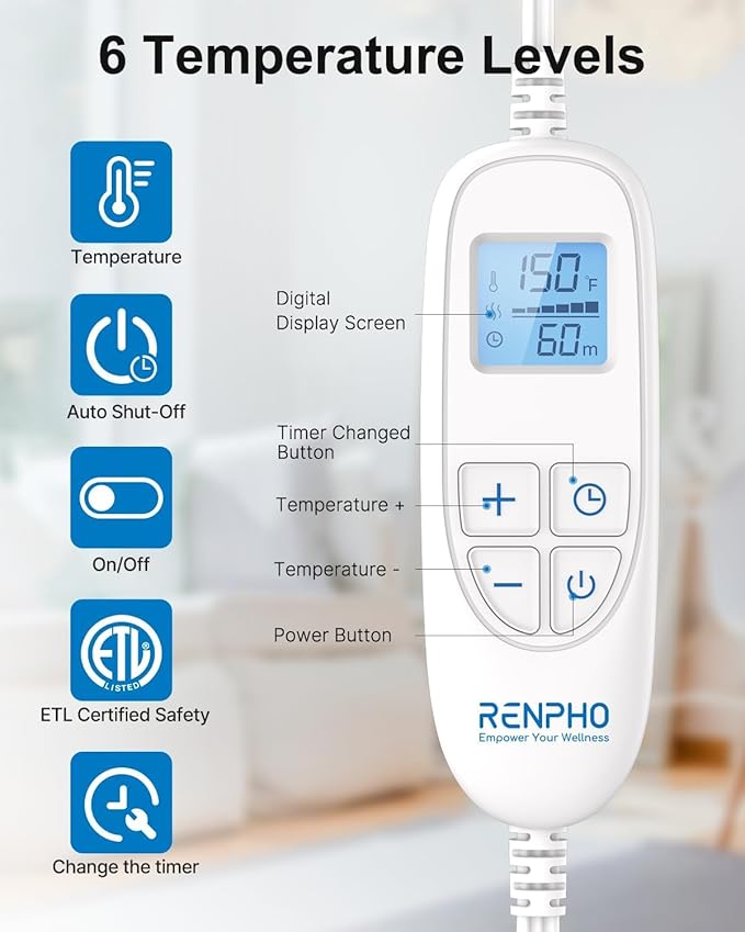 RENPHO King Size Heating Pad for Back, Birthday Gifts for Women Men Mom Dad, FSA Eligible, 24"x37" XL Large Weighted Electric Heat Pad for Neck and Shoulders, ETL Certified, Blu