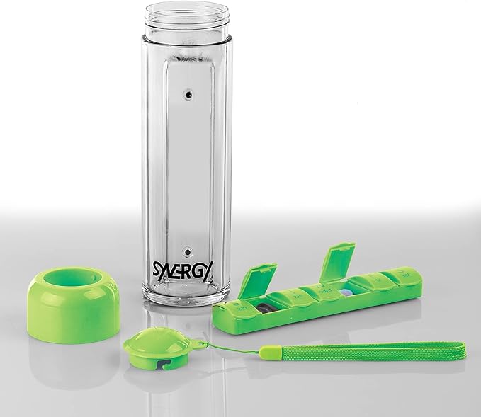 Synergy Water Bottle & Pill Organizer - Travel Storage Container for Water, Juice, Vitamins - Portable 7-Day Pillbox - for Outdoor, Gym, Travel - Easy Carry Strap - BPA Free Plastic - 400ml (Green)