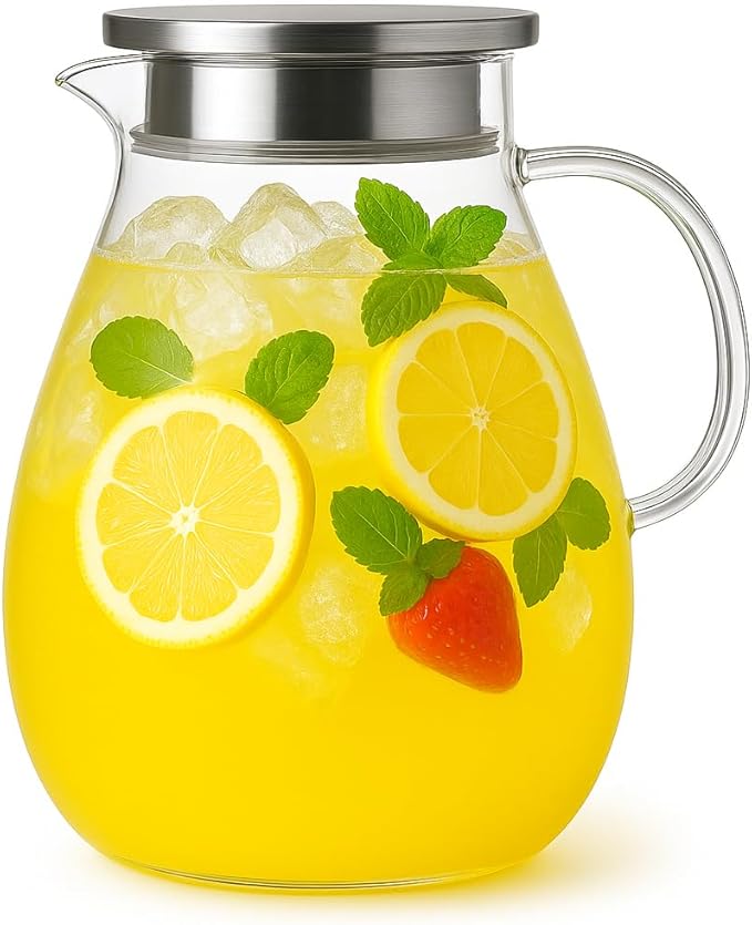 1 Gallon Glass Pitcher Water Jug with Lid – Family Size Large Drink Pitcher for Lemonade Iced Tea Cold Brew, Perfect for BBQ Kitchen Party
