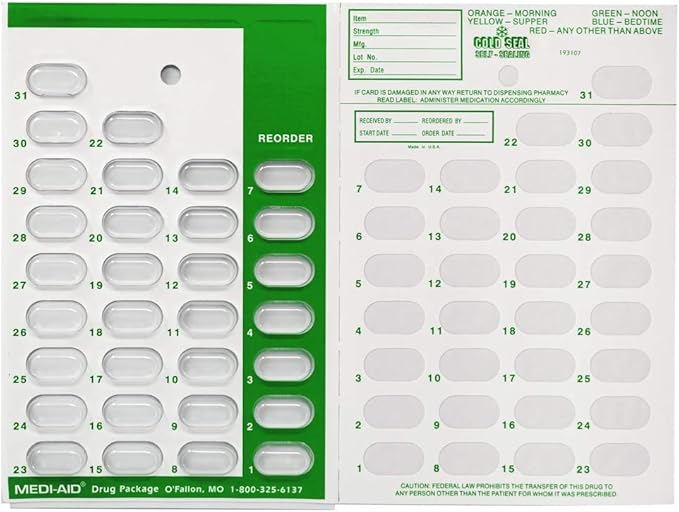 Color Coded Monthly 31 Day Medication Blister Cards Cold Seal - Use Colors for Daily, AM/PM, 3X, 4X, 5X a Day Pill Organizer (6 Pack Green)