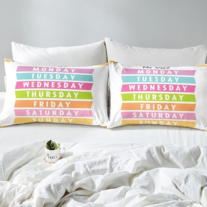 Feelyou Kids Learning Bed Sheet Set Twin Size, Days of The Week Fitted Sheet Educational Bedding Set Boys Girls Preschool Teens Bedroom Decor Bed Set 2Pcs (No TOP Sheet)