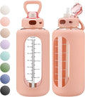 SIEROZUR 64 oz Glass Water Bottle with Straw and Handle Half Gallon Large Water Bottle with Silicone Sleeve and Time Marker Sports Water Jug Wide Mouth for Travel Gym
