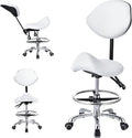Saddle Stool with Adjustable Backrest and Footrest, Hydraulic Height Swivel Saddle Chair Ergonomic Rolling Stool with Wheels, Heavy Duty SaddleChair for Beauty Salon Spa Dentist tattooshop (White)