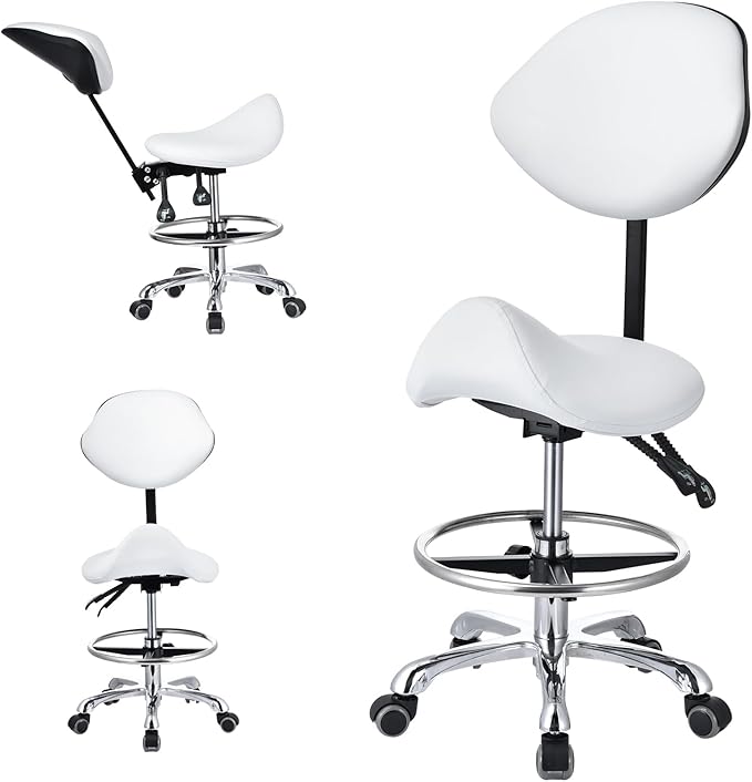 Saddle Stool with Adjustable Backrest and Footrest, Hydraulic Height Swivel Saddle Chair Ergonomic Rolling Stool with Wheels, Heavy Duty SaddleChair for Beauty Salon Spa Dentist tattooshop (White)