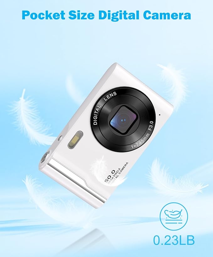50MP 4K Digital Camera for Photography, Autofocus Vlogging Camera with 32GB TF Card & 2 Batteries, 16X Zoom Compact Point and Shoot Camera for Kids Teens Beginners, White