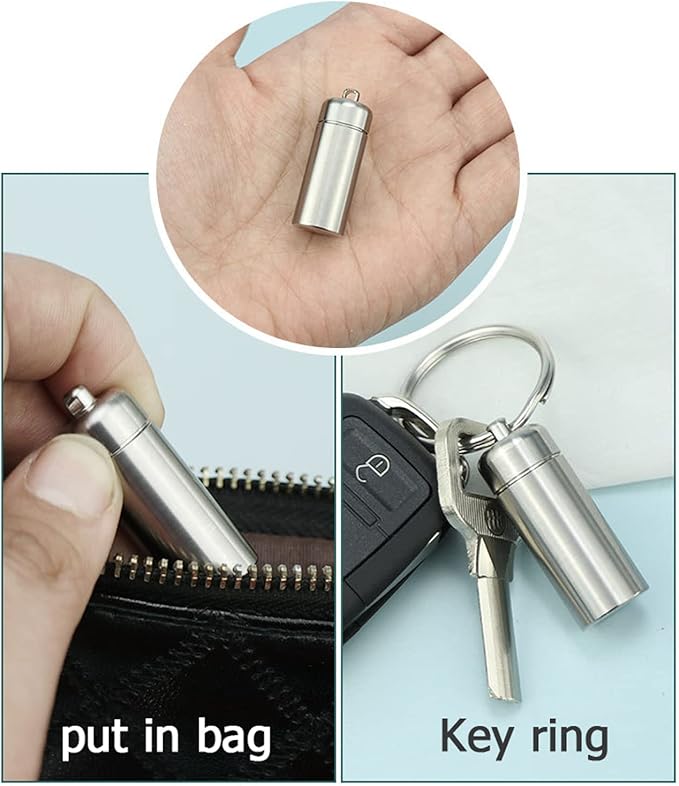 Titanium Travel Pill Holder, Portable Pill Case Keychain, Outdoor Survival Waterproof Pill Container, EDC Small Pill Bottle, BPA Free Light Proof Medicine Box for Daily Pocket Camping