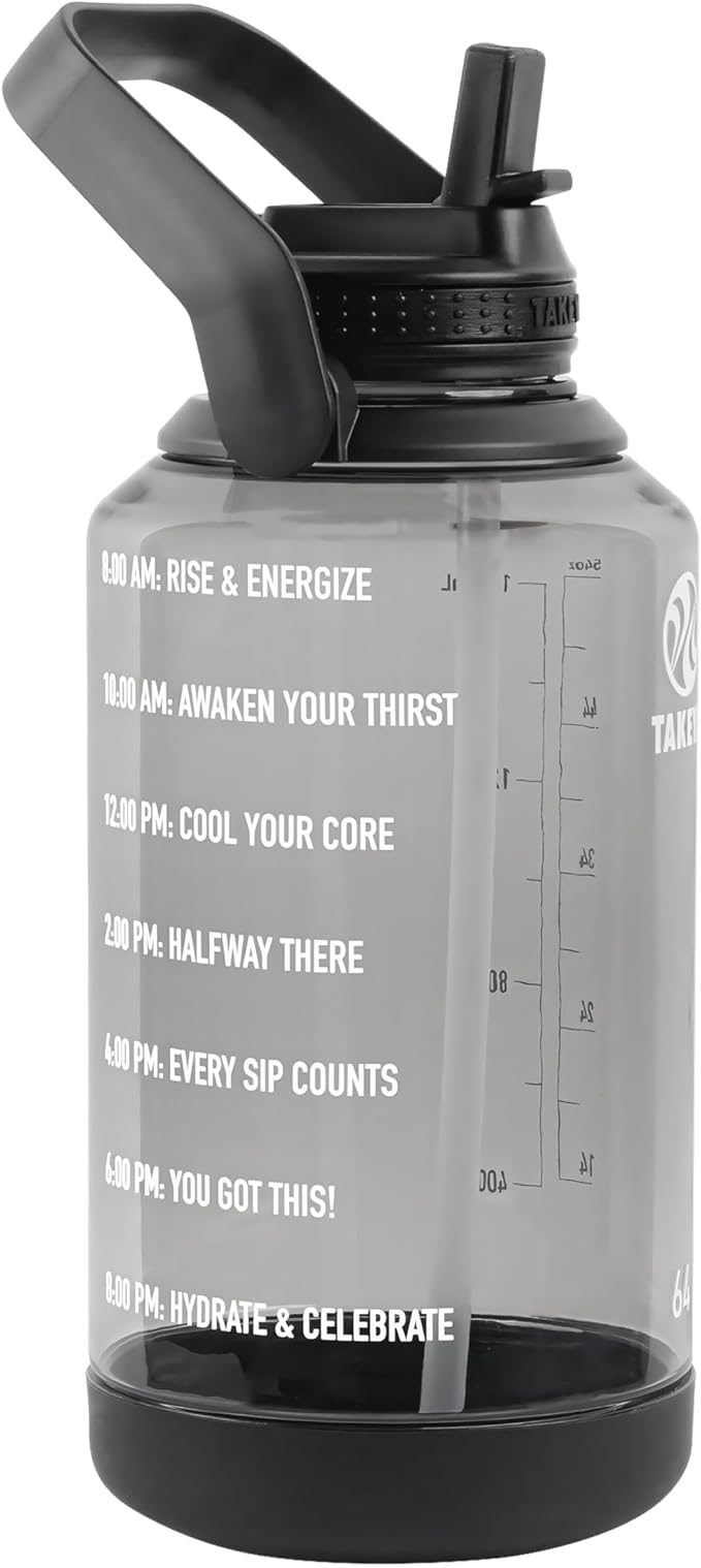 Takeya Tritan Motivational Water Bottle with Flip Straw Lid - Durable, BPA-Free - With Time Marker - Leakproof & Bumper - 64 oz, Stormy Black