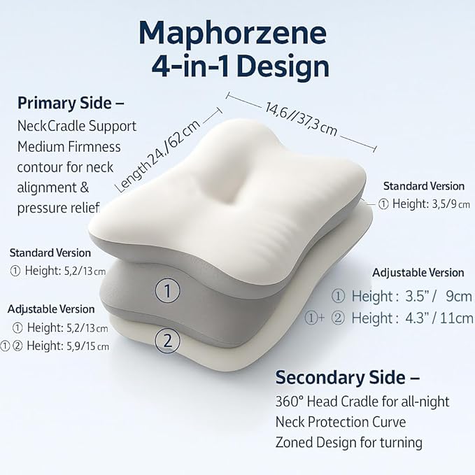 Cervical Pillow for Neck Pain & Side Sleepers Patented Ergonomic Memory Foam Pillow – Adjustable Height for Back & Side Sleeping, Anti-Snoring (Grey+White, 130-175 lbs)