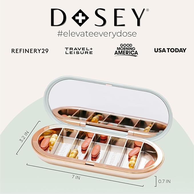 Dosey 7 Day Pill Compact Travel Pill Organizer - Pill Case with 7 Pill Compartments for Medicine Storage & Protection – Stylish & Elegant Medication Organizer with Mirror, Sage